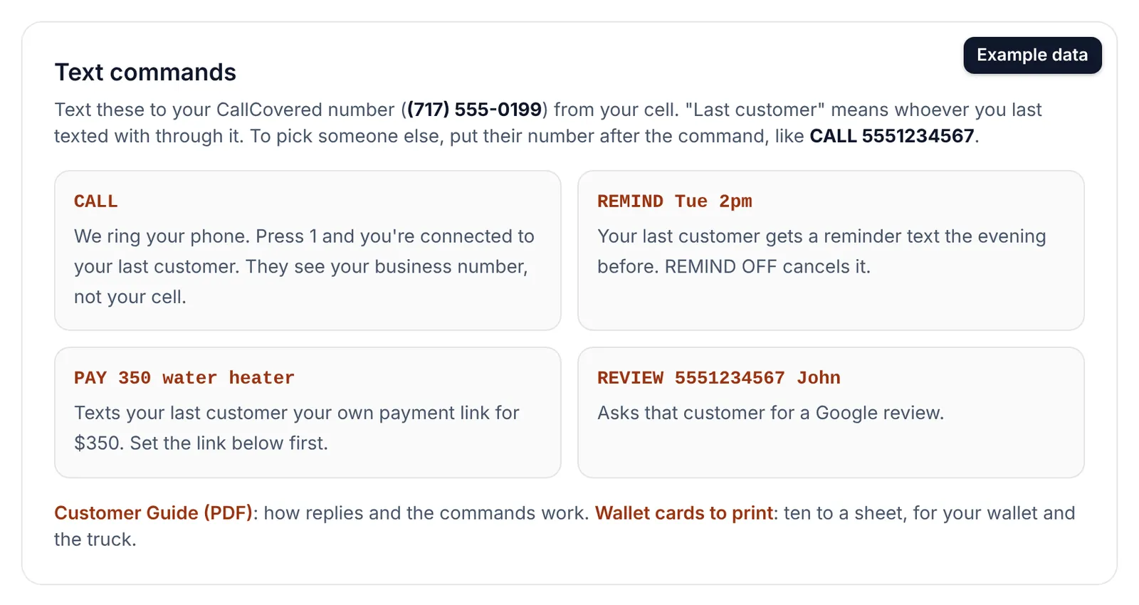 The Text commands card on the dashboard