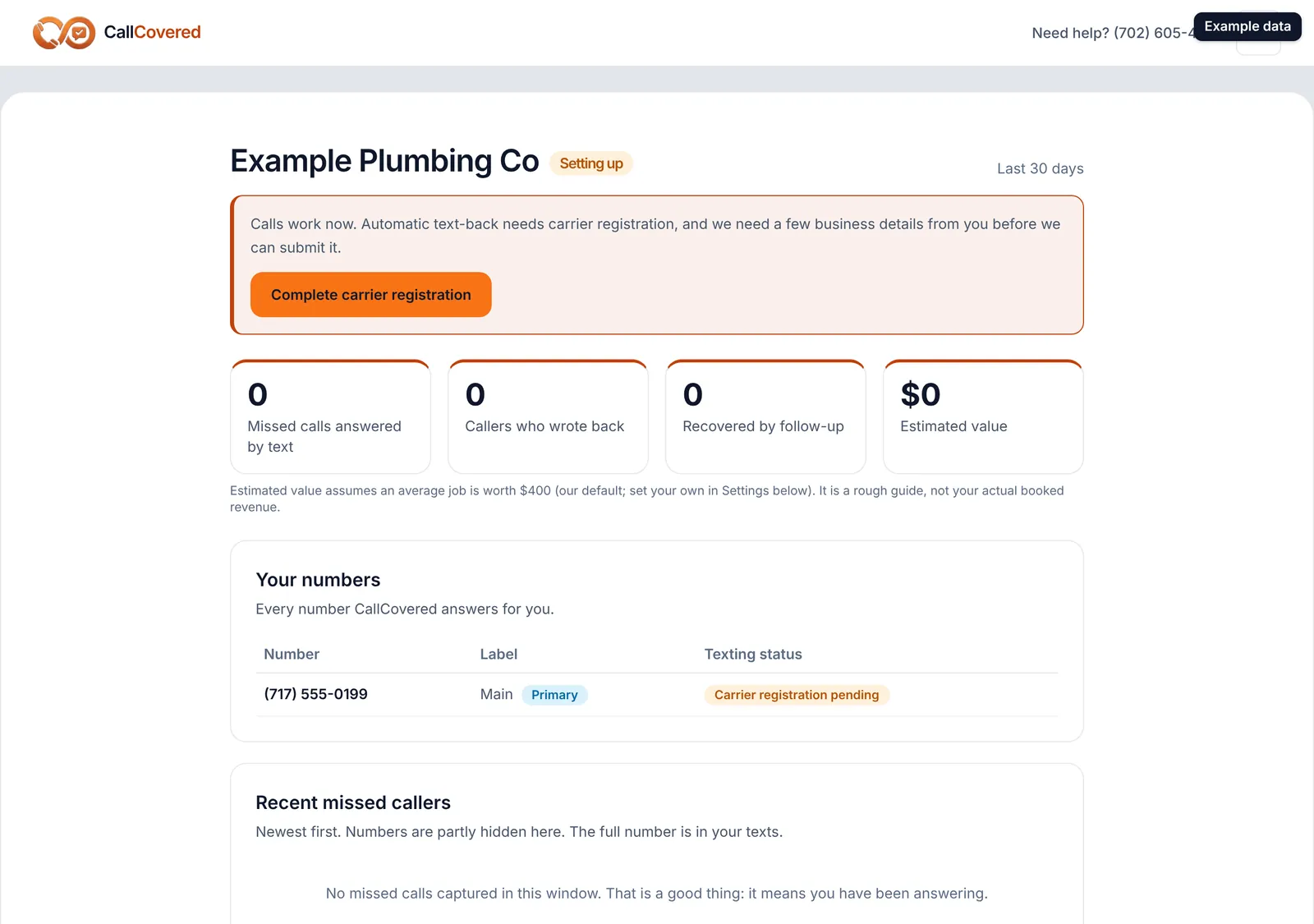 Dashboard while carrier registration is pending
