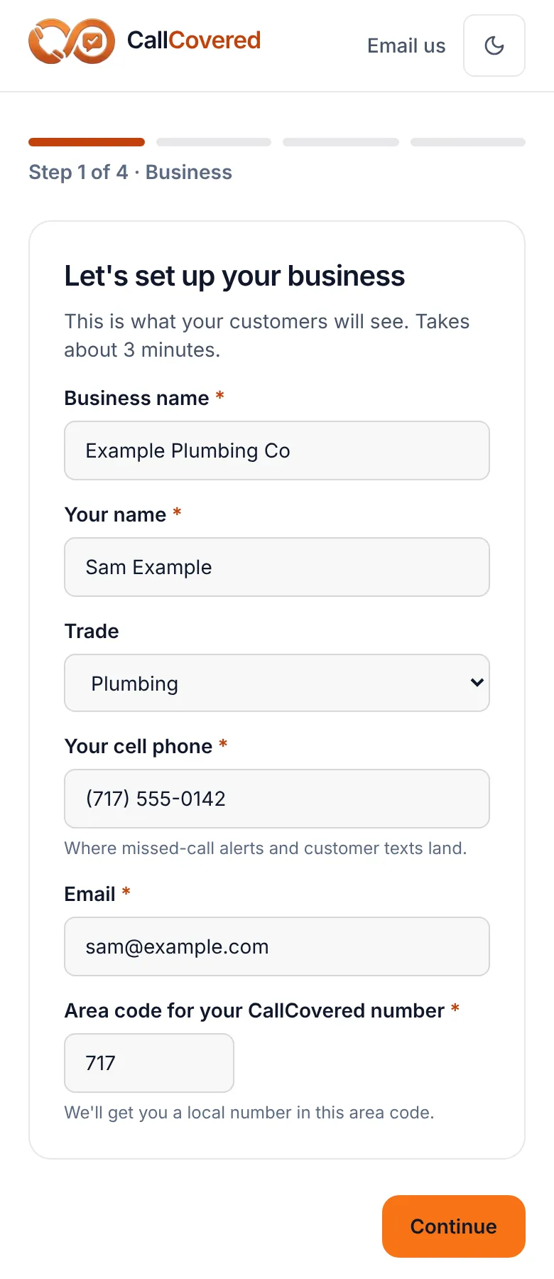 Signup step 1 on a phone