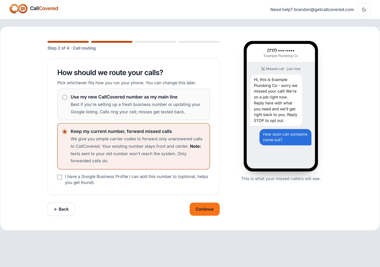 Signup step 2, Call routing